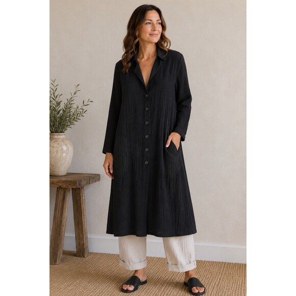 Flax Jackets & Blazers - Vintage FLAX by Jeanne Engelhart Crinkled Rayon Duster Jacket – Black M